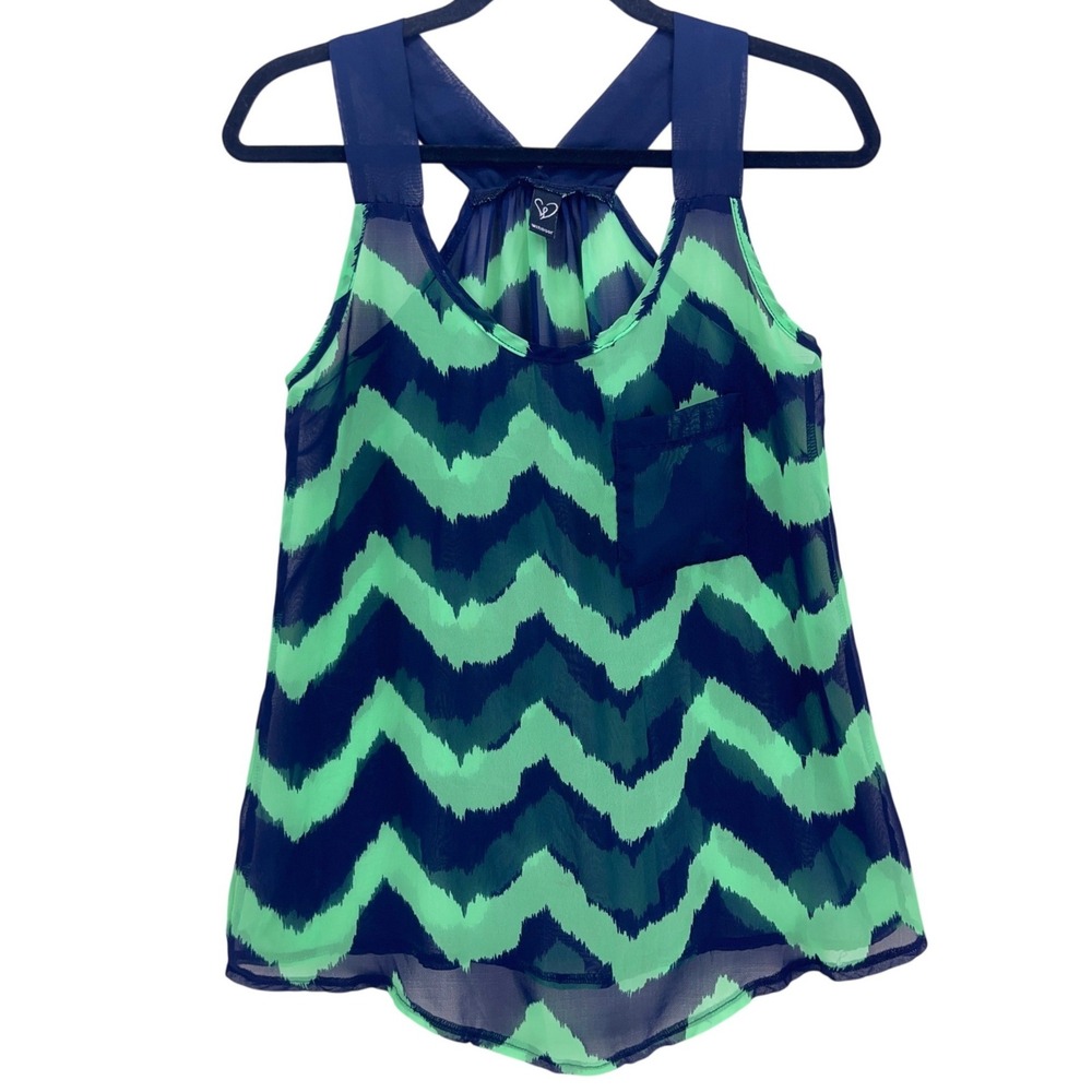 Windsor Navy Green Chevron Tank Top Small Sheer Chiffon Racerback Pocket Blouse